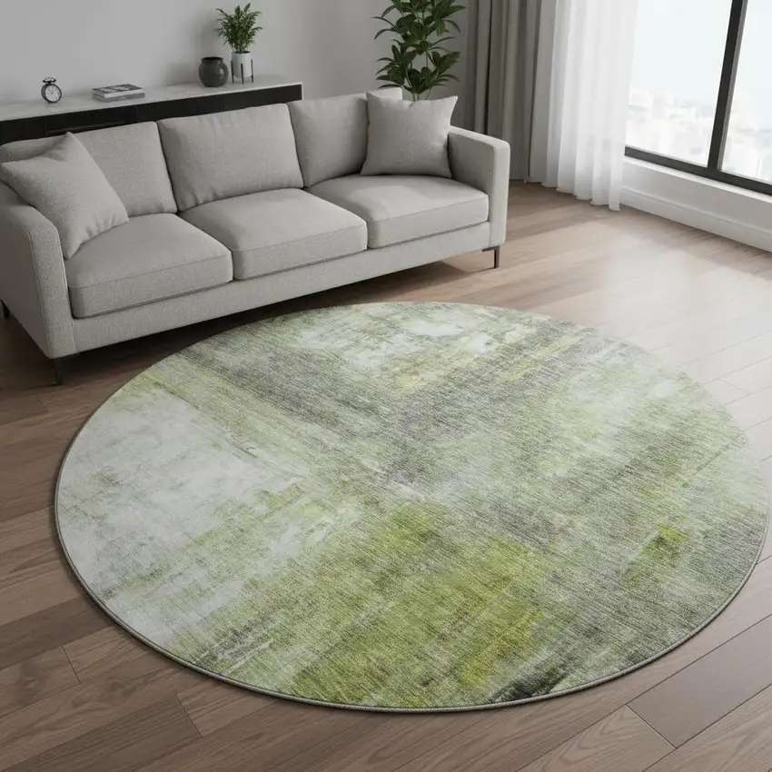 8' Artichoke Green Gray And Silver Abstract Washable Round Rug With UV Protection Photo 2