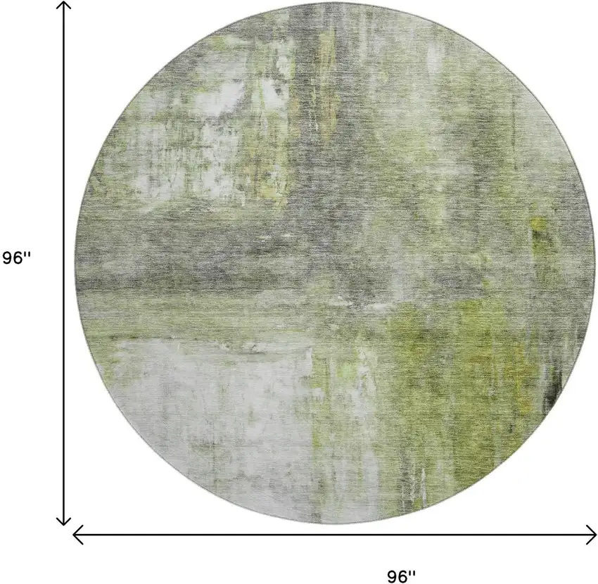 8' Artichoke Green Gray And Silver Abstract Washable Round Rug With UV Protection Photo 9