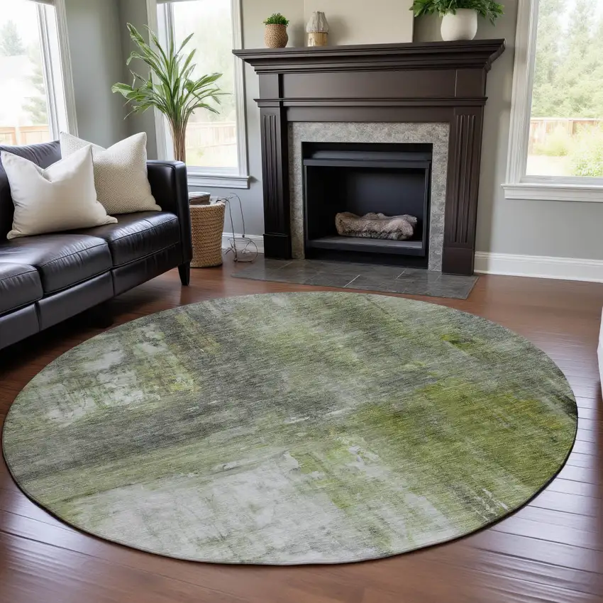 8' Artichoke Green Gray And Silver Abstract Washable Round Rug With UV Protection Photo 4