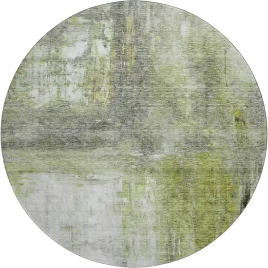 8' Artichoke Green Gray And Silver Abstract Washable Round Rug With UV Protection Photo 1