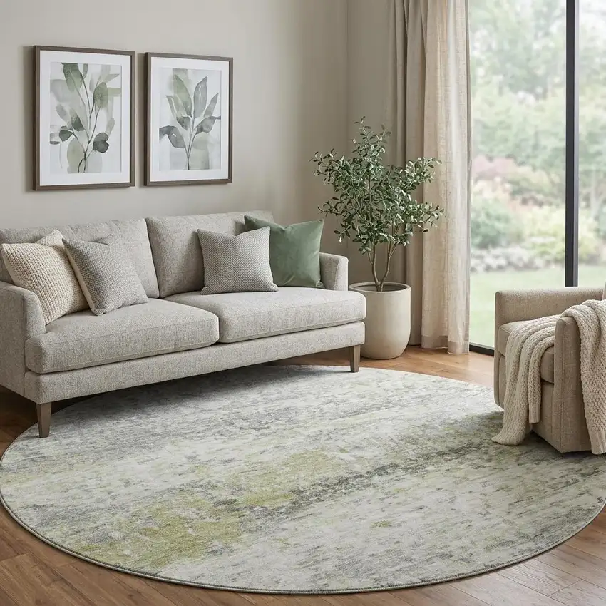 8' Artichoke Green Gray And Silver Abstract Washable Round Rug With UV Protection Photo 1