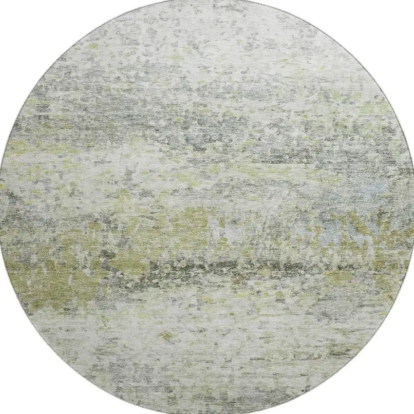 8' Artichoke Green Gray And Silver Abstract Washable Round Rug With UV Protection Photo 3