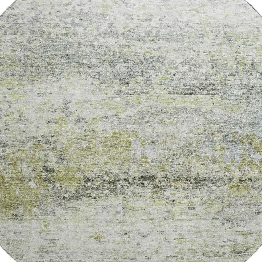 8' Artichoke Green Gray And Silver Abstract Washable Round Rug With UV Protection Photo 2