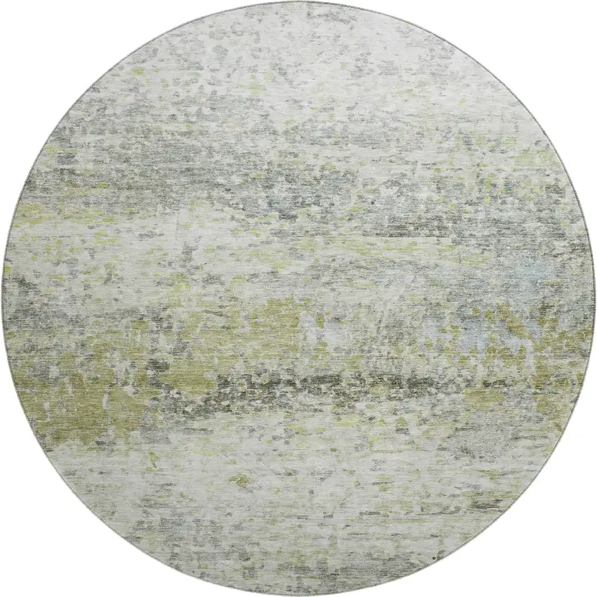 8' Artichoke Green Gray And Silver Abstract Washable Round Rug With UV Protection Photo 1