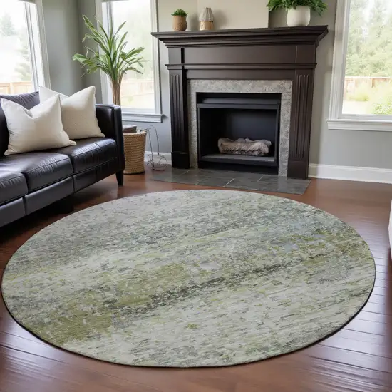 8' Artichoke Green Gray And Silver Abstract Washable Round Rug With UV Protection Photo 4