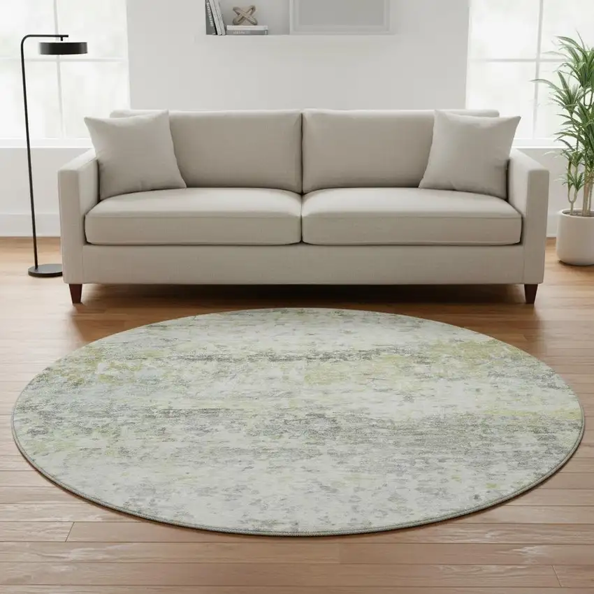 8' Artichoke Green Gray And Silver Abstract Washable Round Rug With UV Protection Photo 2