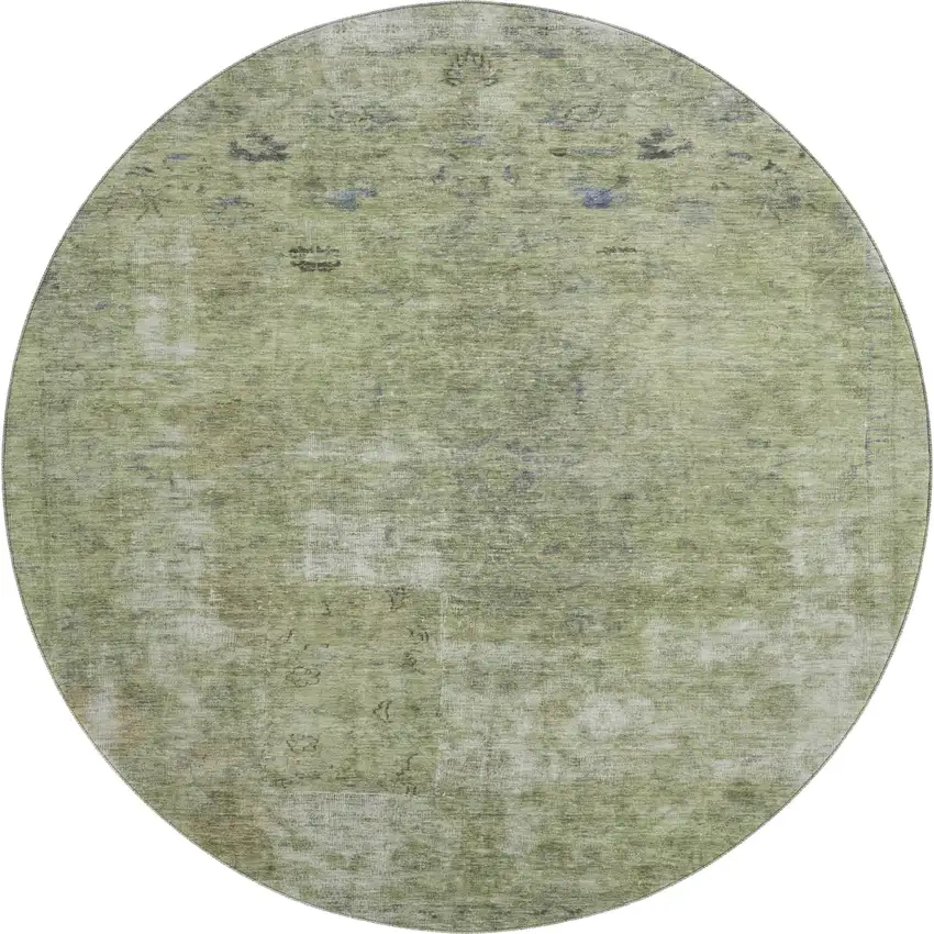 8' Artichoke Green Gray And Silver Abstract Washable Round Rug With UV Protection Photo 1