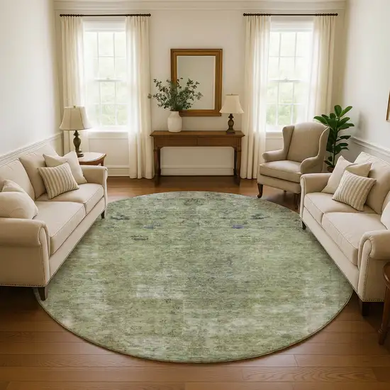 8' Artichoke Green Gray And Silver Abstract Washable Round Rug With UV Protection Photo 4