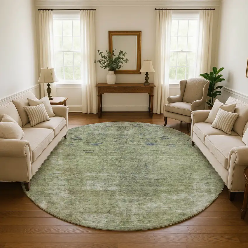 8' Artichoke Green Gray And Silver Abstract Washable Round Rug With UV Protection Photo 4