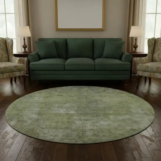 8' Artichoke Green Gray And Silver Abstract Washable Round Rug With UV Protection Photo 2