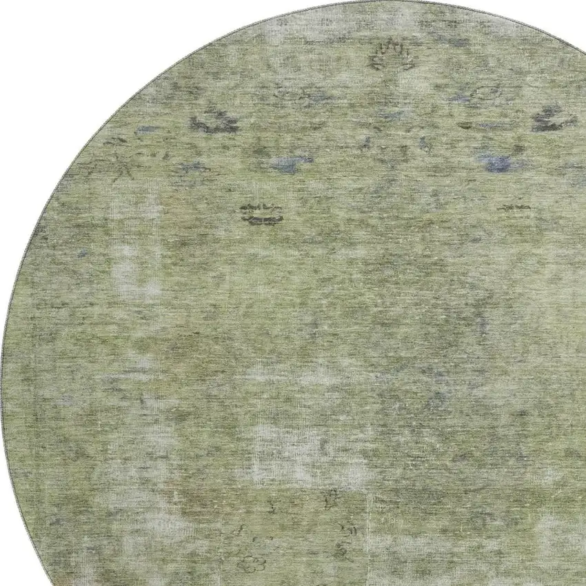 8' Artichoke Green Gray And Silver Abstract Washable Round Rug With UV Protection Photo 2