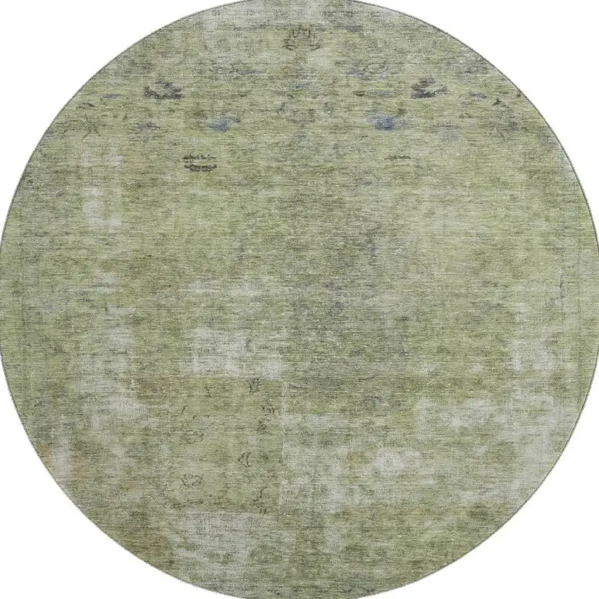 8' Artichoke Green Gray And Silver Abstract Washable Round Rug With UV Protection Photo 3