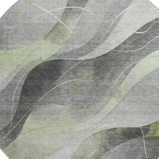 8' Artichoke Green Gray And Silver Abstract Washable Round Rug With UV Protection Photo 2