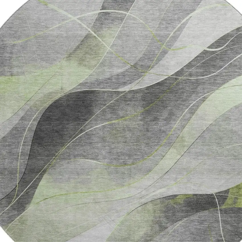 8' Artichoke Green Gray And Silver Abstract Washable Round Rug With UV Protection Photo 2