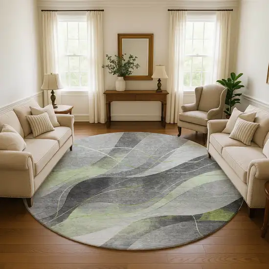 8' Artichoke Green Gray And Silver Abstract Washable Round Rug With UV Protection Photo 4