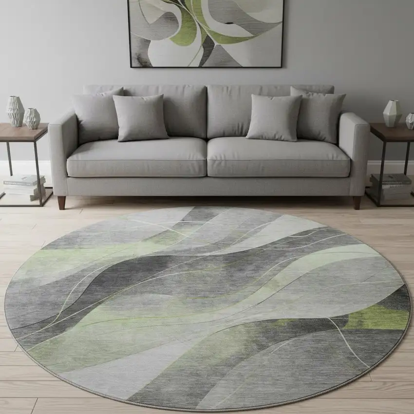 8' Artichoke Green Gray And Silver Abstract Washable Round Rug With UV Protection Photo 2