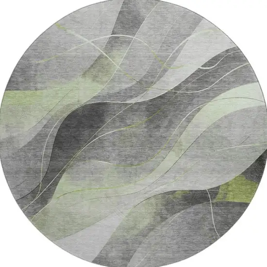 8' Artichoke Green Gray And Silver Abstract Washable Round Rug With UV Protection Photo 3