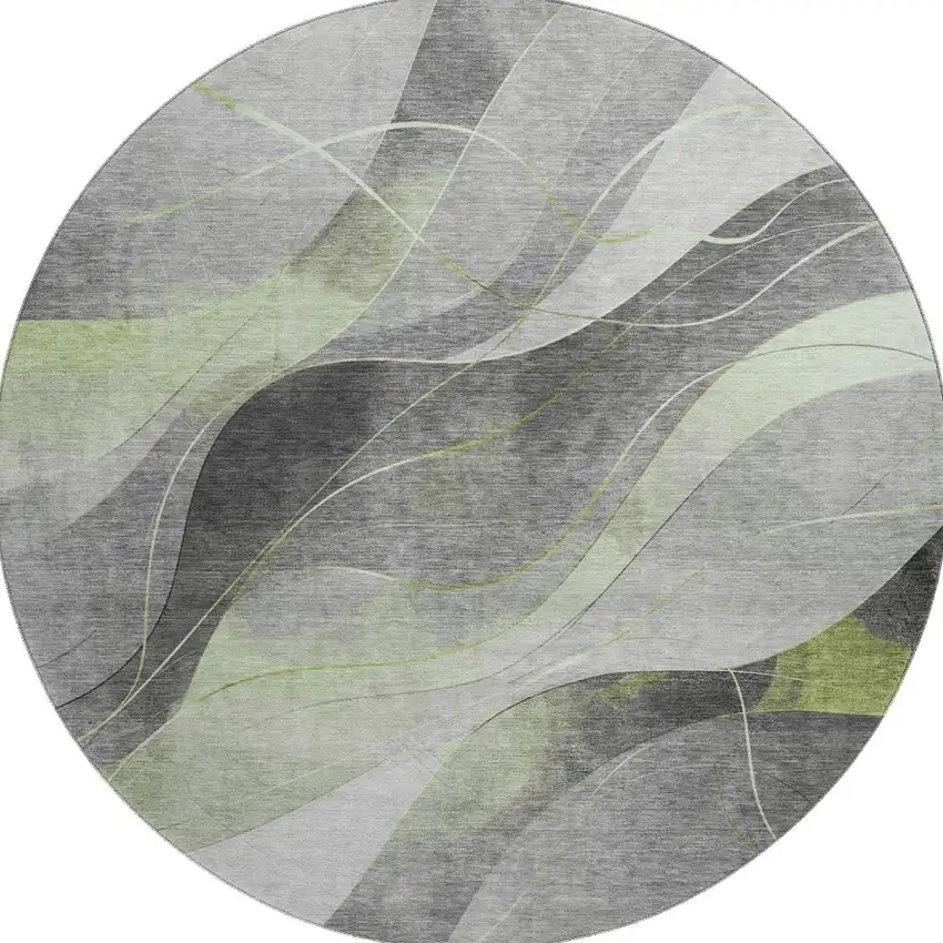 8' Artichoke Green Gray And Silver Abstract Washable Round Rug With UV Protection Photo 3