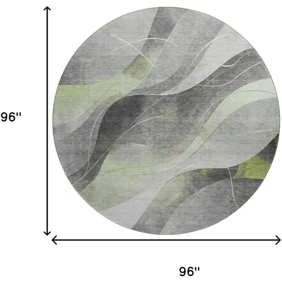 8' Artichoke Green Gray And Silver Abstract Washable Round Rug With UV Protection Photo 9