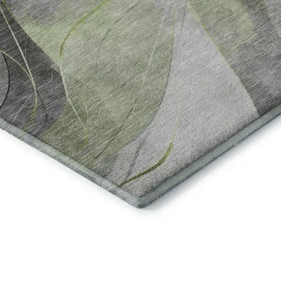 8' Artichoke Green Gray And Silver Abstract Washable Round Rug With UV Protection Photo 6