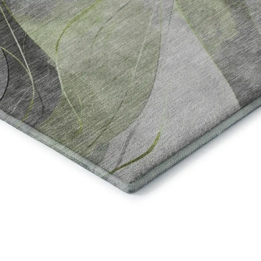 8' Artichoke Green Gray And Silver Abstract Washable Round Rug With UV Protection Photo 6