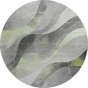 Photo of 8' Artichoke Green Gray And Silver Abstract Washable Round Rug With UV Protection
