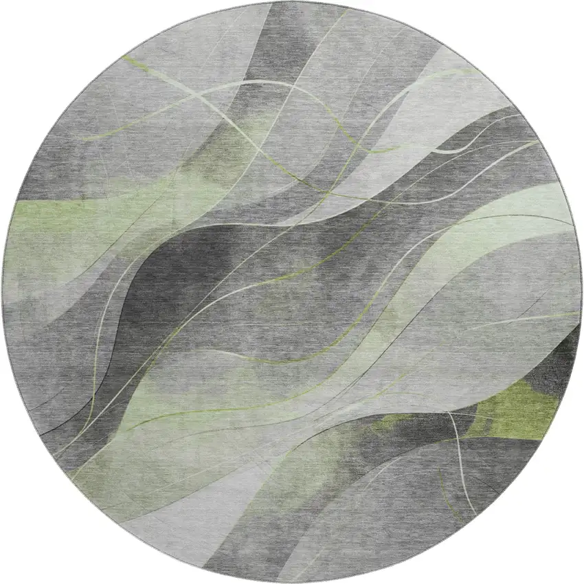 8' Artichoke Green Gray And Silver Abstract Washable Round Rug With UV Protection Photo 1