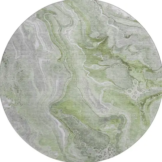 8' Artichoke Green Gray And Silver Abstract Washable Round Rug With UV Protection Photo 3