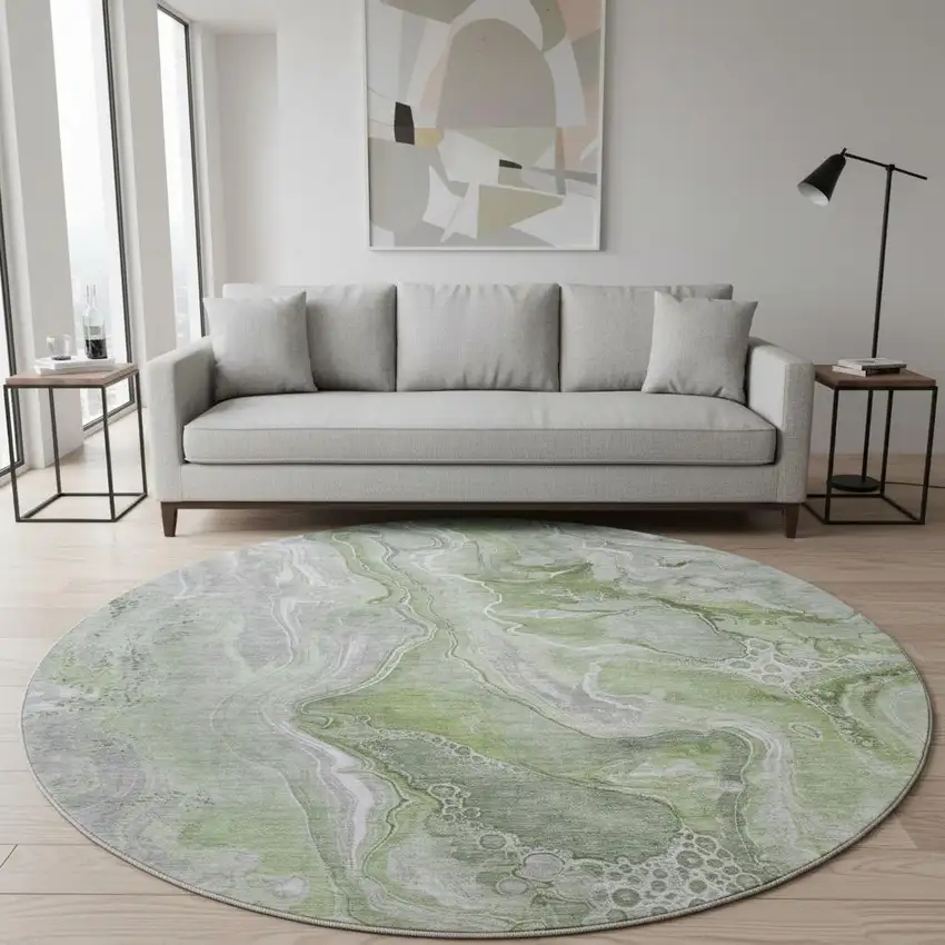 8' Artichoke Green Gray And Silver Abstract Washable Round Rug With UV Protection Photo 2