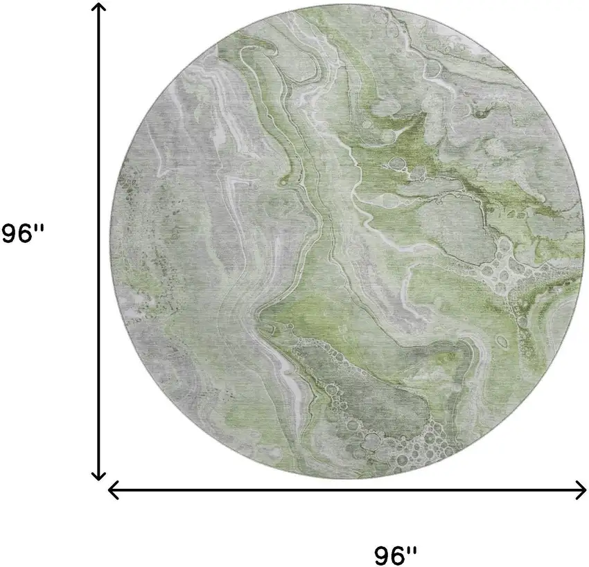 8' Artichoke Green Gray And Silver Abstract Washable Round Rug With UV Protection Photo 9