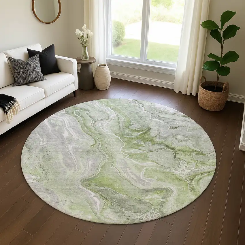 8' Artichoke Green Gray And Silver Abstract Washable Round Rug With UV Protection Photo 4