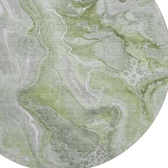 8' Artichoke Green Gray And Silver Abstract Washable Round Rug With UV Protection Photo 2