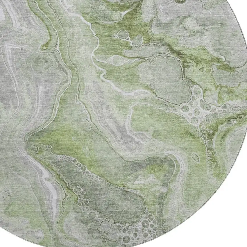 8' Artichoke Green Gray And Silver Abstract Washable Round Rug With UV Protection Photo 2