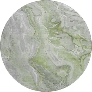 Photo of 8' Artichoke Green Gray And Silver Abstract Washable Round Rug With UV Protection