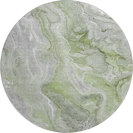 8' Artichoke Green Gray And Silver Abstract Washable Round Rug With UV Protection Photo 1