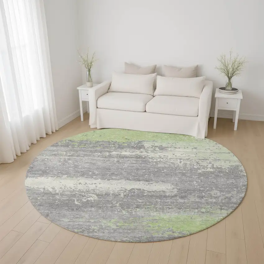 8' Artichoke Green Gray And Silver Abstract Washable Round Rug With UV Protection Photo 4