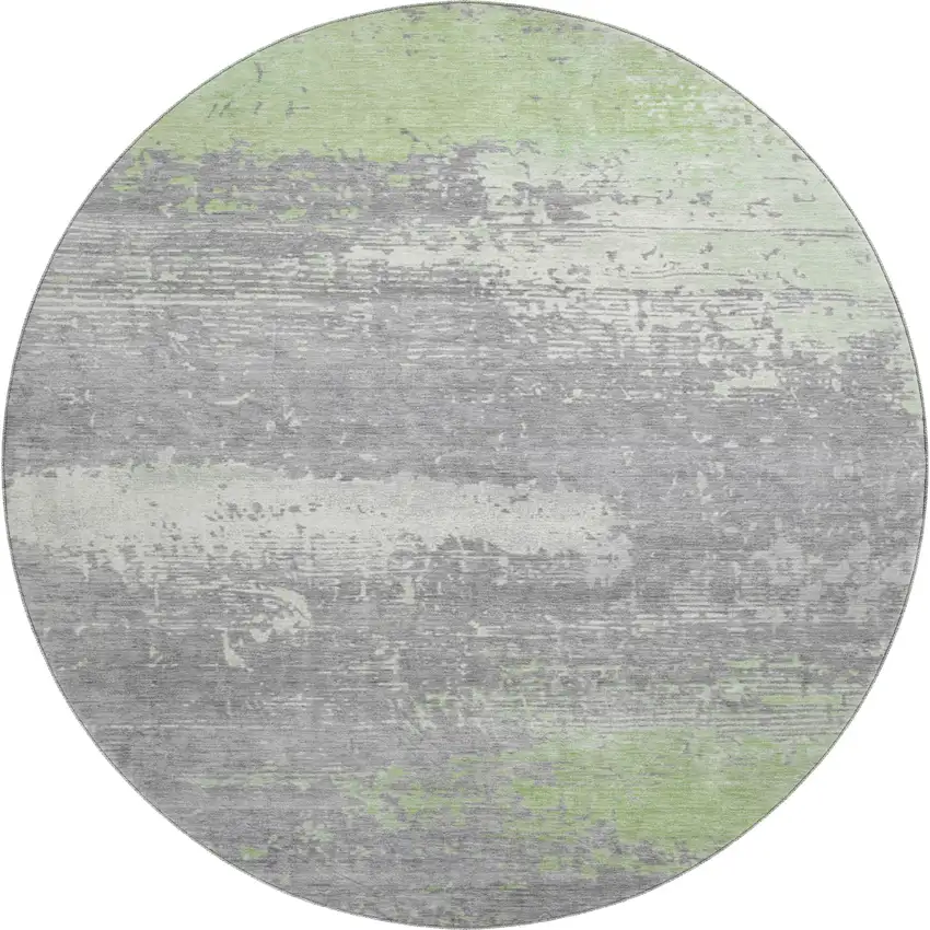 8' Artichoke Green Gray And Silver Abstract Washable Round Rug With UV Protection Photo 1