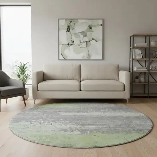 8' Artichoke Green Gray And Silver Abstract Washable Round Rug With UV Protection Photo 2