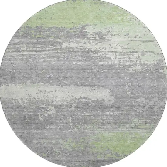 8' Artichoke Green Gray And Silver Abstract Washable Round Rug With UV Protection Photo 3