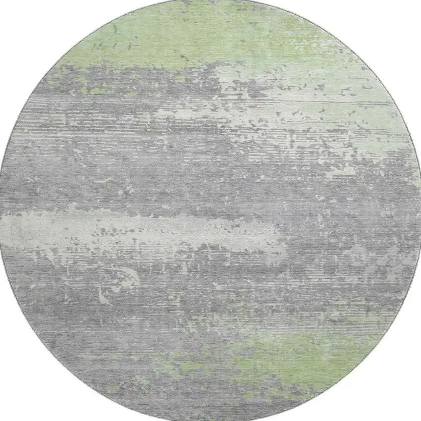 8' Artichoke Green Gray And Silver Abstract Washable Round Rug With UV Protection Photo 3