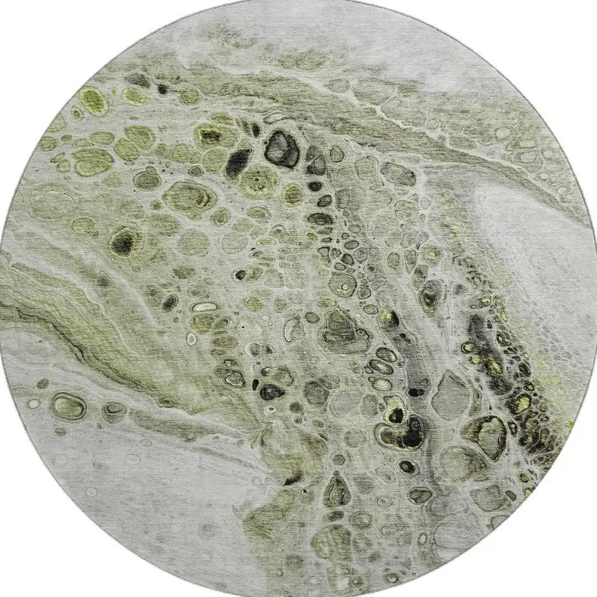 8' Artichoke Green Gray And Silver Abstract Washable Round Rug With UV Protection Photo 4