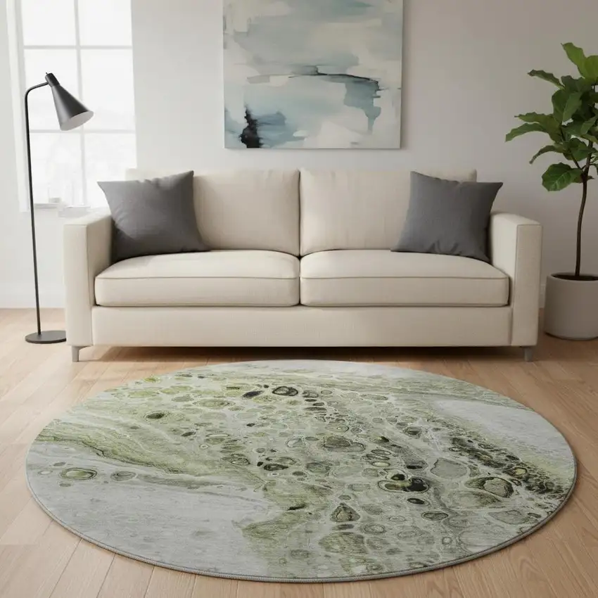 8' Artichoke Green Gray And Silver Abstract Washable Round Rug With UV Protection Photo 2