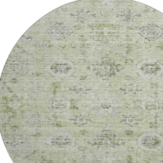 8' Artichoke Green Gray And Silver Damask Washable Round Rug With UV Protection Photo 2