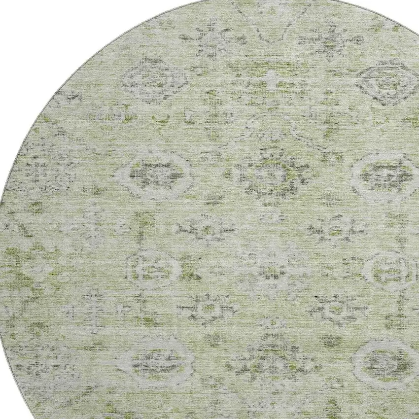 8' Artichoke Green Gray And Silver Damask Washable Round Rug With UV Protection Photo 2