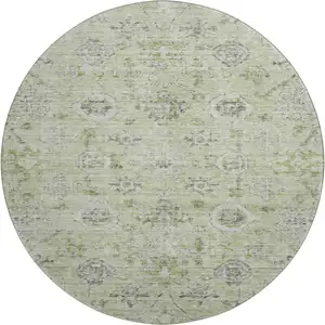Photo of 8' Artichoke Green Gray And Silver Damask Washable Round Rug With UV Protection