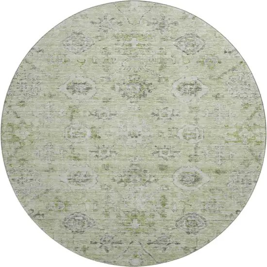 8' Artichoke Green Gray And Silver Damask Washable Round Rug With UV Protection Photo 1