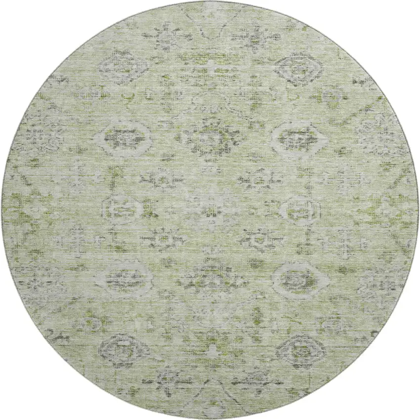 8' Artichoke Green Gray And Silver Damask Washable Round Rug With UV Protection Photo 1