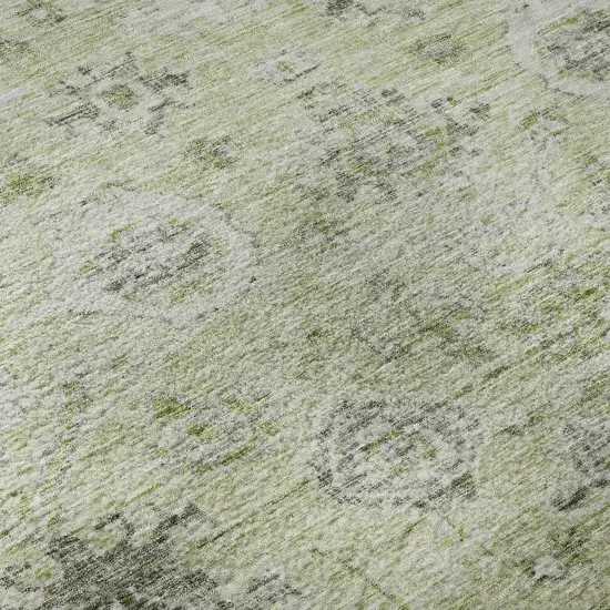 8' Artichoke Green Gray And Silver Damask Washable Round Rug With UV Protection Photo 8