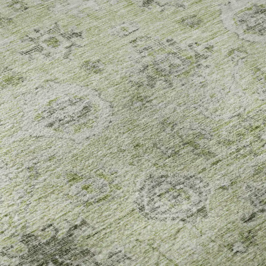 8' Artichoke Green Gray And Silver Damask Washable Round Rug With UV Protection Photo 8