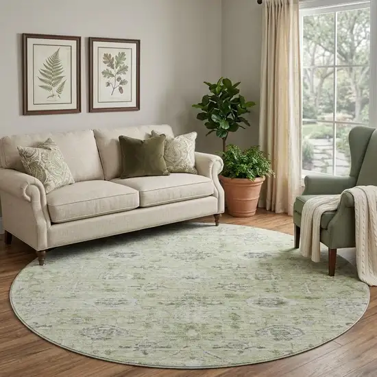 8' Artichoke Green Gray And Silver Damask Washable Round Rug With UV Protection Photo 1